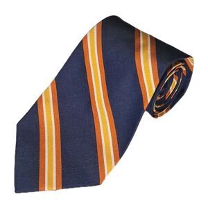 Faconnable Silk Tie Vivid Navy Blue Orange Yellow Stripes Hand Made In France